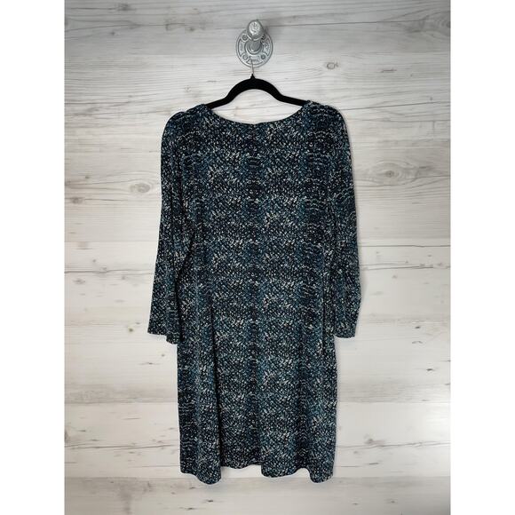 Attention Dress Womens XL Black Teal Print 3/4 Sleeve Shift Back Zip Crew Neck - Picture 9 of 10